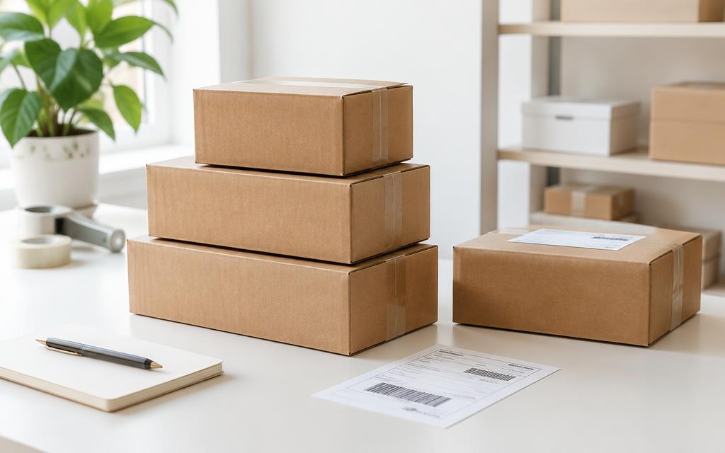 Cardboard shipping boxes and a printed shipping label on a bright packing table